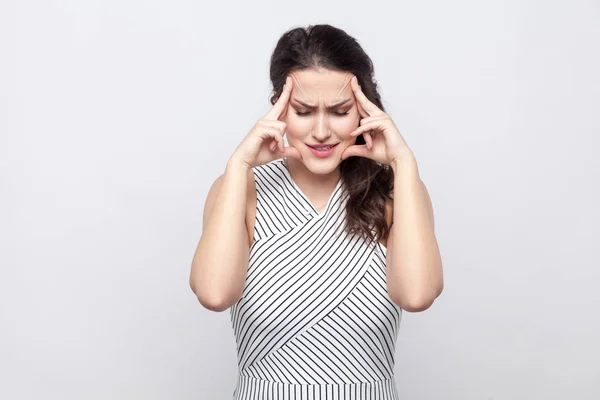 Portrait Unhappy Sad Beautiful Brunette Woman Striped Dress Standing Closed — Stock Photo, Image