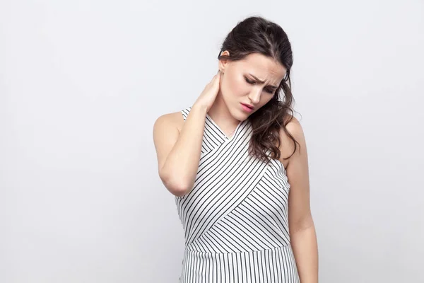 Sick Brunette Woman Striped Dress Standing Closed Eyes Touching Her — Stock Photo, Image