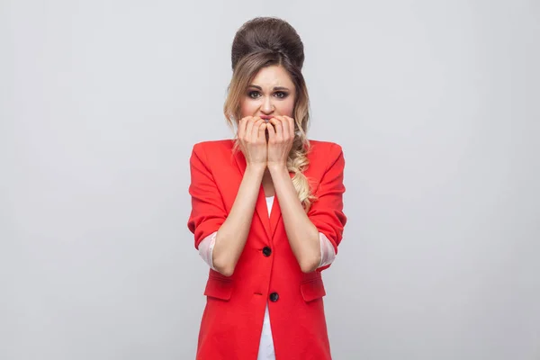 Portrait Nervous Beautiful Business Lady Hairstyle Makeup Red Fancy Blazer — Stock Photo, Image