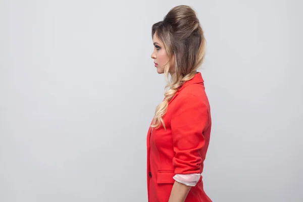 Side View Serious Beautiful Business Lady Hairstyle Makeup Red Fancy — Stock Photo, Image