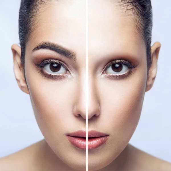 Halves Beautiful Brunette Woman Eyebrow Eyebrows Treatment — Stock Photo, Image