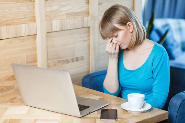 Sad Woman Freelancer Blue Blouse Hold Fingers Closed Eyes Trying — Stock Photo, Image