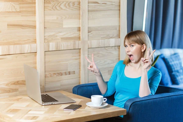 Beautiful Emotional Positive Woman Blue Blouse Open Mouth Showing Victory — Stock Photo, Image