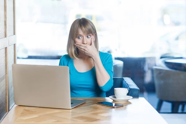 Unbelievable Young Woman Blonde Hair Blue Blouse Sitting Cafe Making — Stock Photo, Image