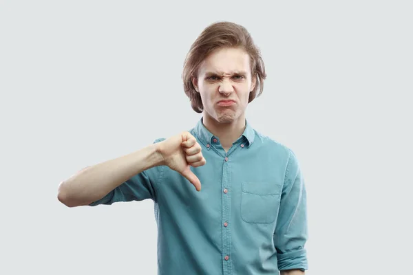 Portrait Dissatisfied Sad Long Haired Blonde Man Blue Shirt Standing — Stock Photo, Image