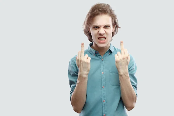 Portrait Angry Long Haired Blonde Man Blue Shirt Standing Looking — Stock Photo, Image