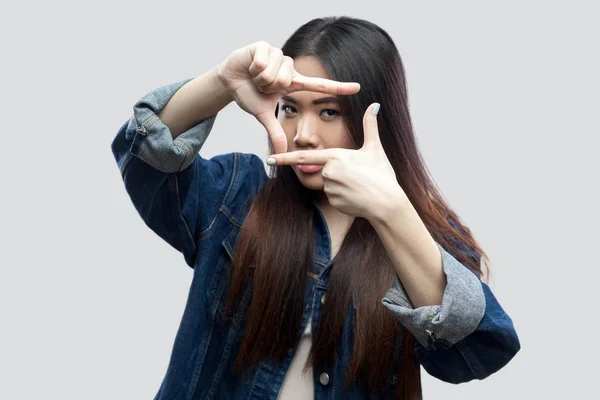 Serious Beautiful Brunette Asian Young Woman Casual Blue Denim Jacket — Stock Photo, Image
