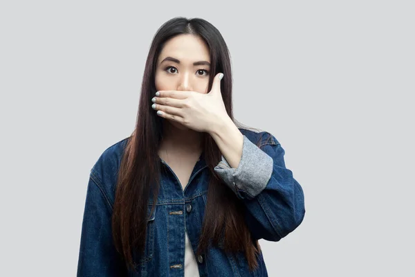 Shocked Beautiful Brunette Asian Young Woman Blue Jacket Makeup Covering — Stock Photo, Image