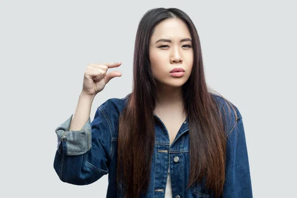 Beautiful Brunette Asian Young Woman Casual Blue Denim Jacket Standing — Stock Photo, Image