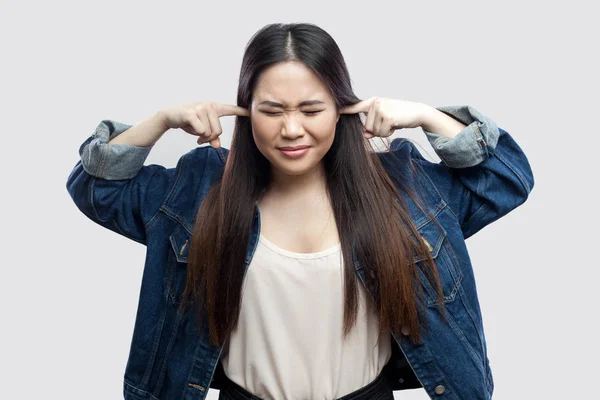 Nervous Beautiful Brunette Asian Young Woman Casual Blue Jacket Standing — Stock Photo, Image