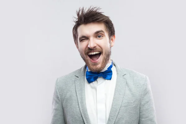 Funny Handsome Bearded Man Casual Grey Suit Blue Bow Tie — Stock Photo, Image