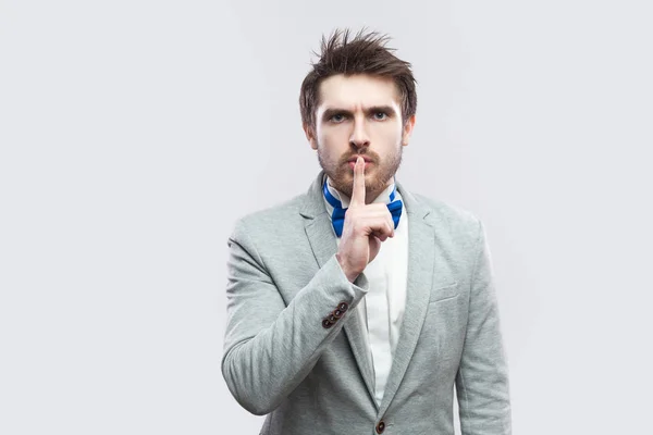 Serious Handsome Bearded Man Casual Grey Suit Blue Bow Tie — Stock Photo, Image