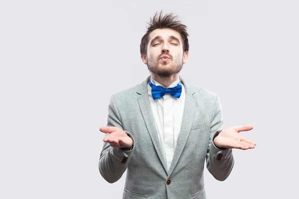 Handsome Bearded Man Casual Grey Suit Blue Bow Tie Standing — Stock Photo, Image