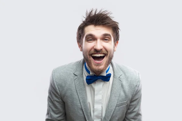Funny Happy Handsome Bearded Man Casual Grey Suit Blue Bow — Stock Photo, Image