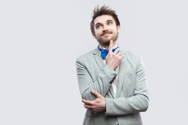 Happy Handsome Bearded Man Casual Grey Suit Blue Bow Tie — Stock Photo, Image