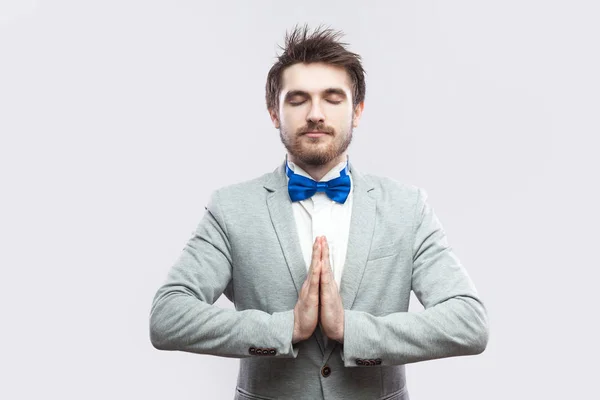 Calm Relax Handsome Bearded Man Casual Grey Suit Blue Bow — Stock Photo, Image