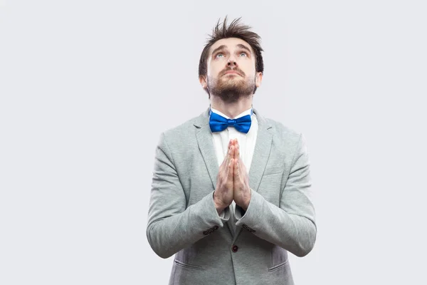 Worried Handsome Bearded Man Casual Grey Suit Blue Bow Tie — Stock Photo, Image