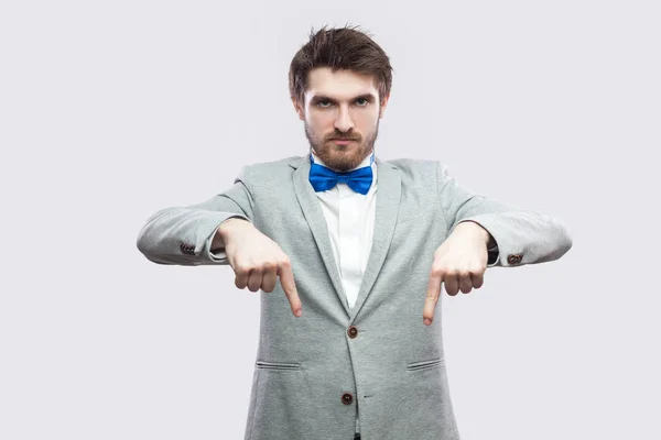 Portrait Serious Bossy Handsome Bearded Man Casual Grey Suit Blue — Stock Photo, Image