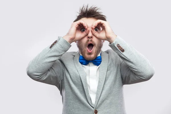 Surprised Handsome Bearded Man Casual Grey Suit Blue Bow Tie — Stock Photo, Image