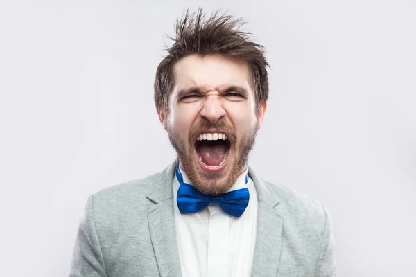 Anger Crazy Handsome Bearded Man Casual Grey Suit Blue Bow — Stock Photo, Image