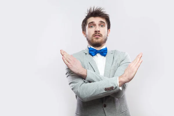 Serious Handsome Bearded Man Casual Grey Suit Blue Bow Tie — Stock Photo, Image