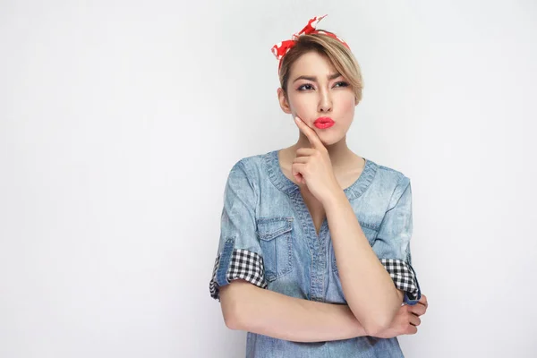 Thoughtful Beautiful Young Woman Casual Blue Denim Shirt Makeup Red — Stock Photo, Image