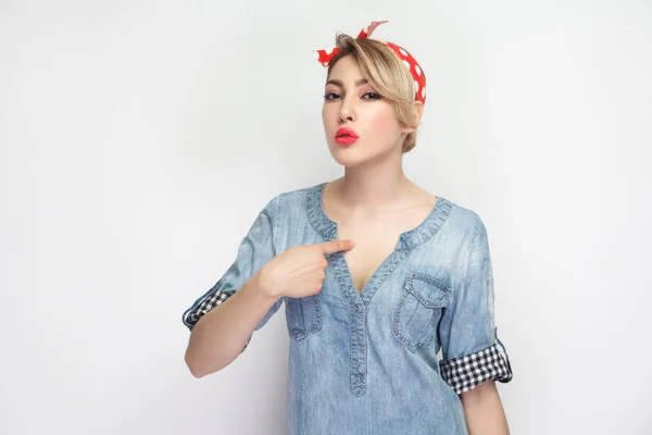 Proud Beautiful Young Woman Casual Blue Denim Shirt Makeup Red — Stock Photo, Image