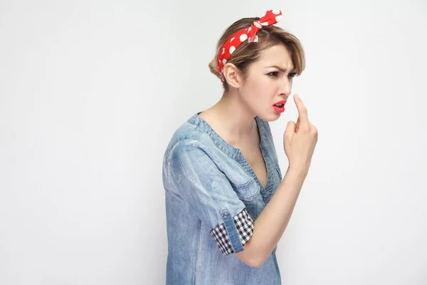 Angry Beautiful Young Woman Casual Blue Denim Shirt Makeup Red — Stock Photo, Image