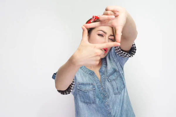 Focused Beautiful Young Woman Casual Blue Denim Shirt Red Headband — Stock Photo, Image