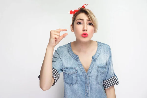 Hopeful Beautiful Young Woman Casual Blue Denim Shirt Makeup Red — Stock Photo, Image