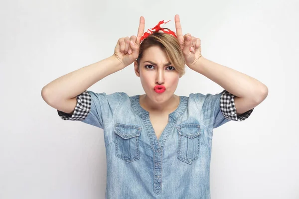 Funny Beautiful Young Woman Casual Blue Denim Shirt Makeup Red — Stock Photo, Image