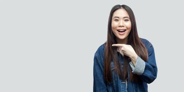 Portrait Excited Beautiful Brunette Asian Young Woman Casual Blue Denim — Stock Photo, Image