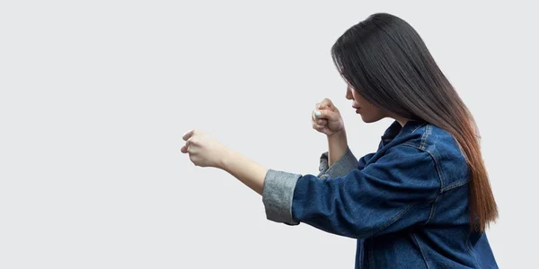 Side View Beautiful Brunette Asian Woman Casual Blue Denim Jacket — Stock Photo, Image