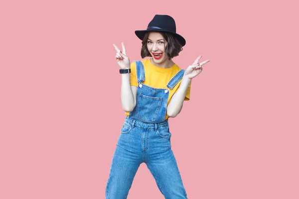 Portrait Excited Beautiful Woman Yellow Shirt Blue Denim Overalls Makeup — Stock Photo, Image