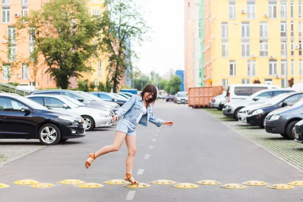 Funny Happy Young Woman Blue Denim Casual Style Jumping While — Stock Photo, Image