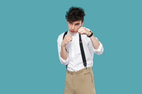 Serious Crazy Curly Young Businessman Classic Casual White Shirt Suspender — Stock Photo, Image