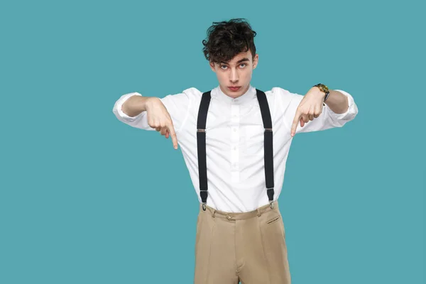 Serious Crazy Curly Young Businessman Classic Casual White Shirt Suspender — Stock Photo, Image