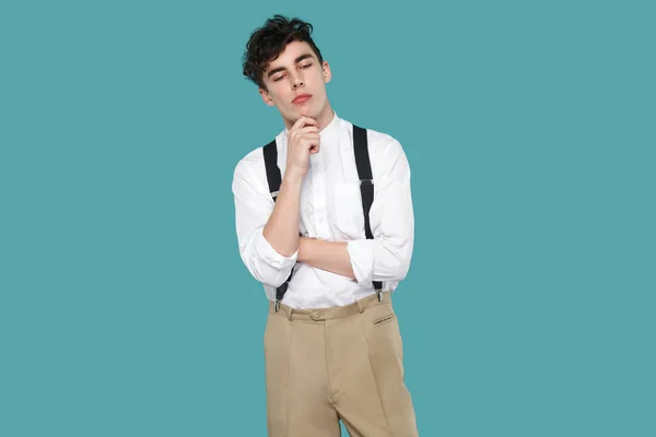 Thoughtful Crazy Curly Young Businessman Classic Casual White Shirt Suspender — Stock Photo, Image