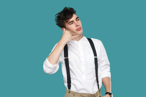 Funny Curly Young Businessman Classic Casual White Shirt Suspender Showing — Stock Photo, Image