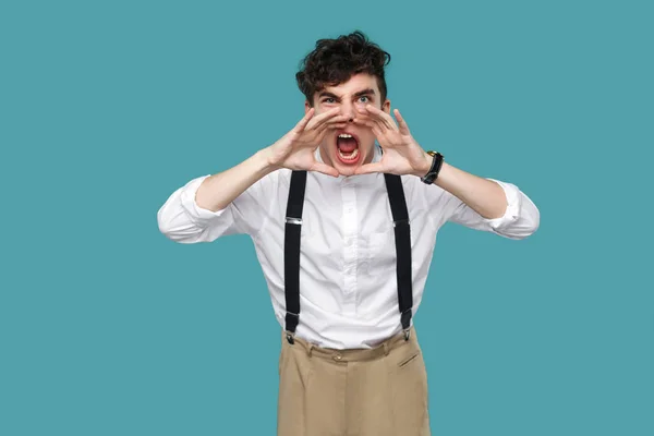 Angry Curly Young Businessman Classic Casual White Shirt Suspender Screaming — Stock Photo, Image