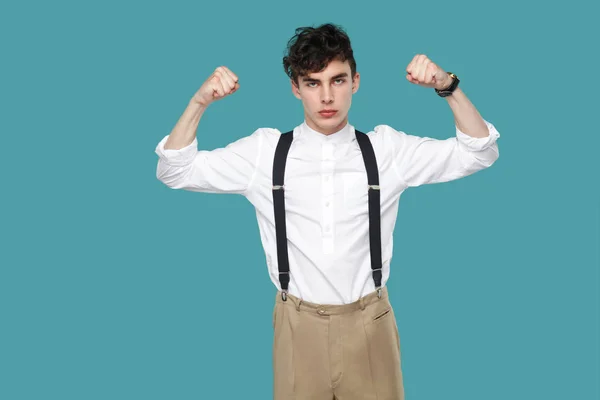 Strong Proud Hipster Curly Young Businessman Classic Casual White Shirt — Stock Photo, Image