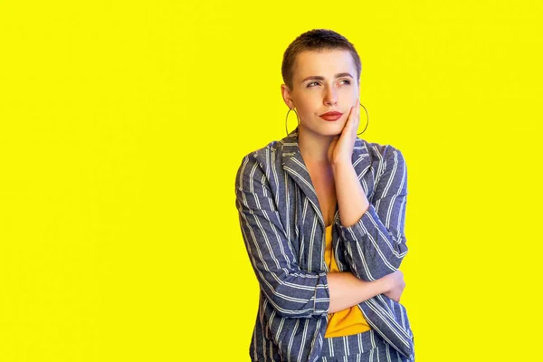 Thoughtful Young Short Hair Woman Yellow Shirt Striped Suit Touching — Stock Photo, Image