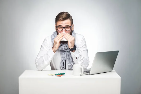 Sick Young Boss White Shirt Scarf Sitting Table Holding Handkerchief — Stock Photo, Image