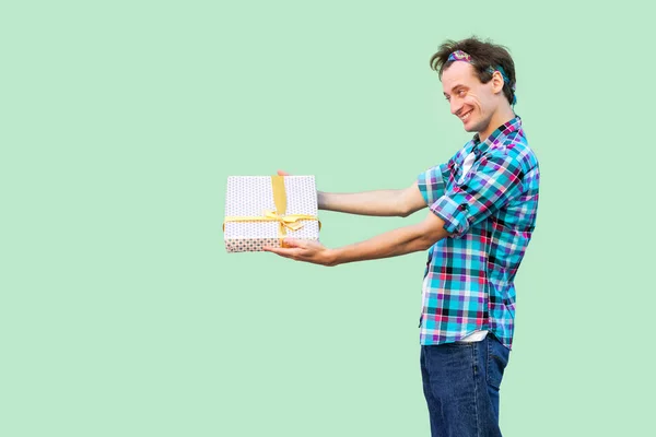 Side View Happy Young Hipster Man White Shirt Checkered Shirt — Stock Photo, Image