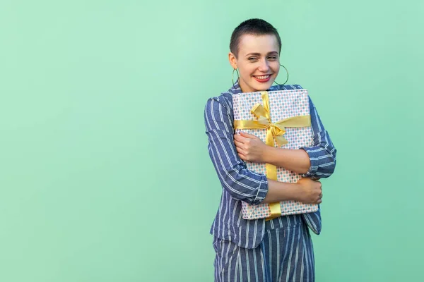 Happy Short Hair Beautiful Hipster Woman Yellow Shirt Striped Suit — Stock Photo, Image