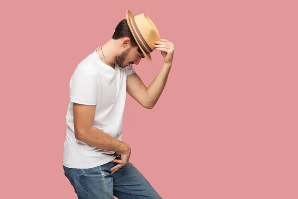 Side View Bearded Young Dancer Man White Shirt Holding His — Stock Photo, Image