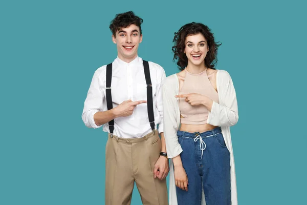 Happy Successful Two Brunette Stylish Friends Standing Pointing Each Other — Stock Photo, Image