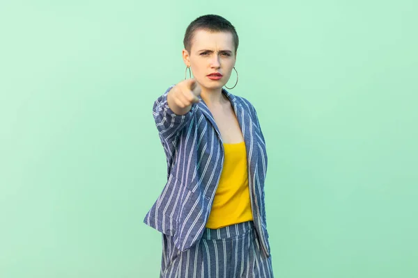 Serious Beautiful Short Hair Young Stylish Woman Casual Striped Suit — Stock Photo, Image