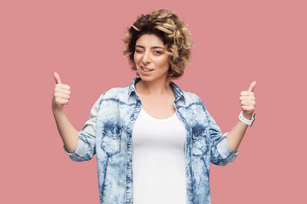 Happy Satisfied Young Woman Curly Hairstyle Casual Blue Shirt Showing — Stock Photo, Image