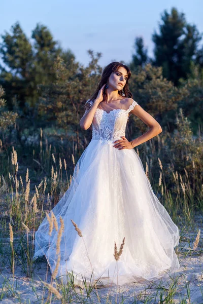 Atrakcyjna Brunetka Kobieta Makijażem Fryzurą Ubrana Białą Suknię Ślubną Podczas — Zdjęcie stockowe